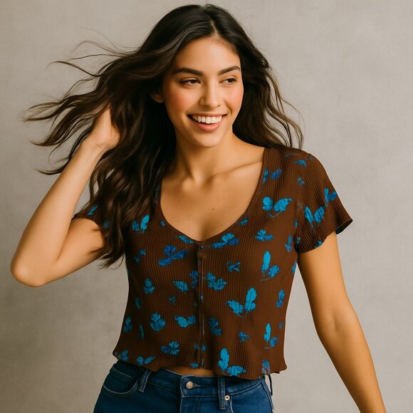 Rue 21 Large Brown Blue Butterfly Button down Midriff Vintage Peasant Y2K Blouse - Picture 1 of 6